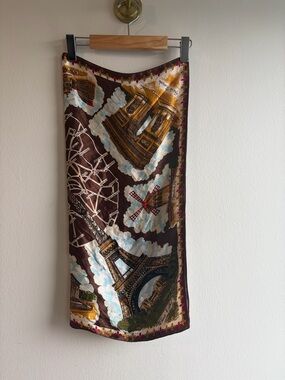 Silk-Feel Brown Paris Print Scarf